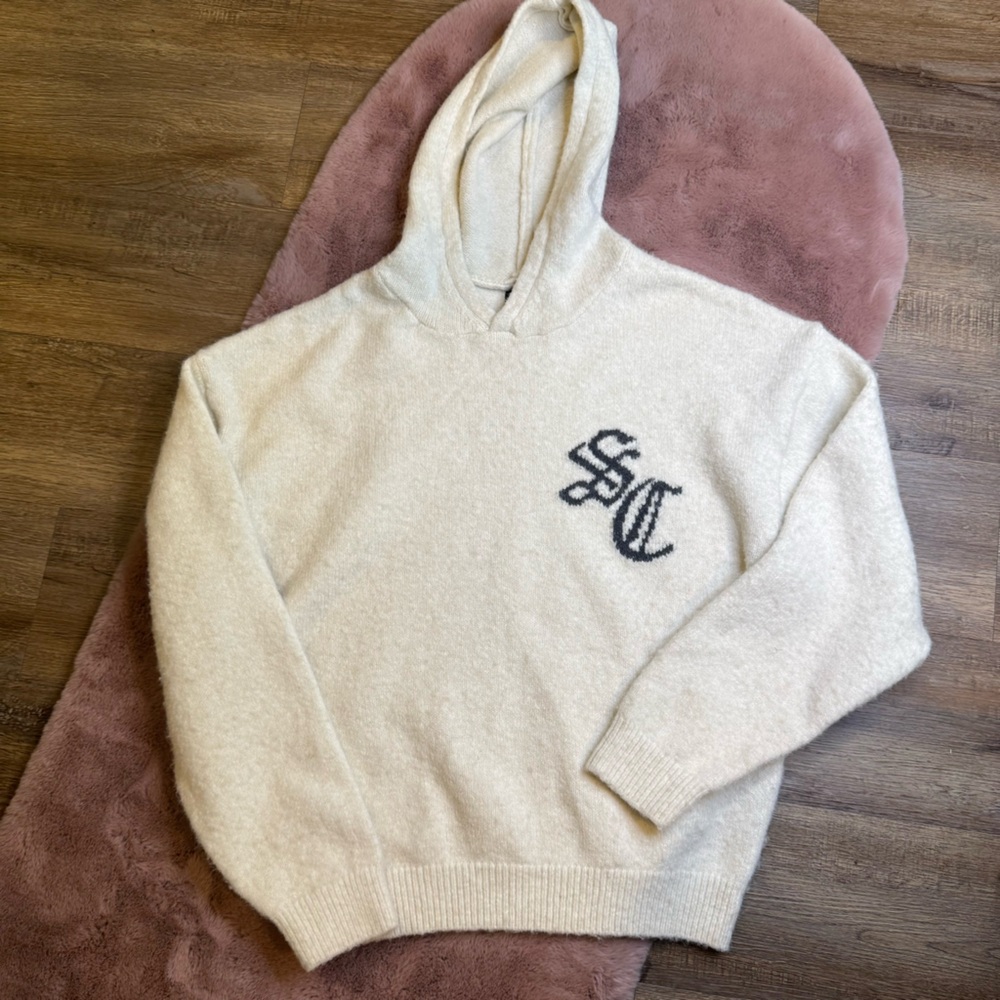 Urban Outfitters Cream Hooded Sweater with Black Monogram